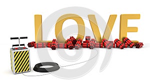 Love text with dynamite pack and detenator. 3d illustration.