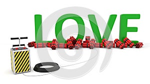 Love text with dynamite pack and detenator. 3d illustration.