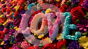 Love text letters design with colorful flowers in nature. Generative AI