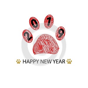 Love text with paw print and colorful light bulb. Happy new year and merry christmas greeting card
