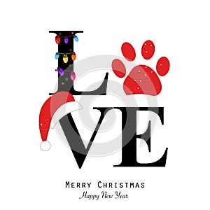 Love text with paw print and colorful light bulb. Happy new year and merry christmas greeting card