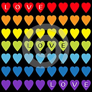 Love text Rainbow heart set. Gay flag color. Seamless Pattern. Wrapping paper, textile template. Lgbt sign symbol. Black backgroun