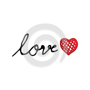 Love text with red heart design vector for Valentines day event and festival. Love and Happiness concept. Font letter and text