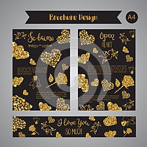 Love text on set of banners Romantic lettering with glitter. Golden text with sparkles. Cards for valentine day. Vector