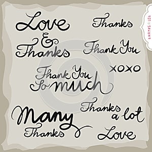 Love and thanks hand drawn inscription set