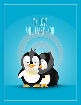 Love Themed. Postcard Design Love. Warm Hug Cute Cartoon Penguins. Vector illustration.