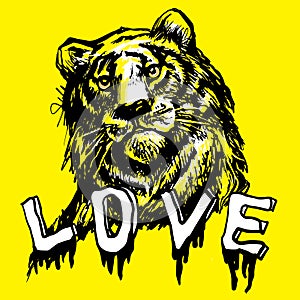 Love tiger, lion face, portrait. Drawn black line art. Exotic, predator face background, print, logo. Trendy tiger yellow head photo