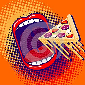 Love to eat pizza! Funny cartoon poster. Large open mouth with piece of pizza with stretchy melted cheese. photo