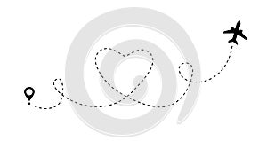 Love travel airplane route. Romantic line heart dashed trace plane routes. Vector icon of air plane flight route with start point