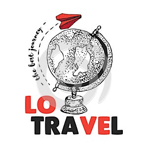 Love travel. Red paper airplane is flying around the world. The best journey. Earth. Globe. Aircraft. Isolated vector doodle