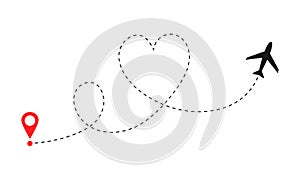 Love travel route. Airplane line path vector icon of air plane flight route with start point and dash line trace. EPS 10