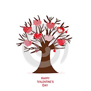 Love tree with cute retro red and pink hearts. Happy Valentine`s day greeting card