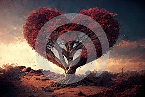 Love tree ,Heart-shaped tree with red leaves, Valentine's Day, generative ai