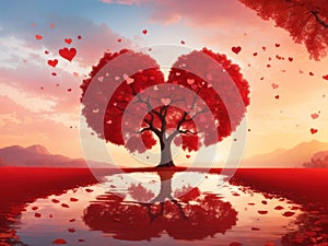 Love tree red heart shaped tree at sunset background
