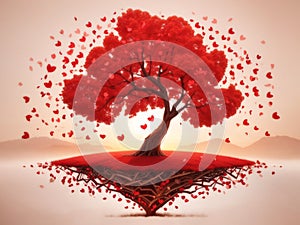 Love tree red heart shaped tree at sunset background