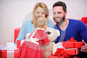 Love and trust in family. Bearded man and woman with little girl. Shopping online. father, mother and doughter child