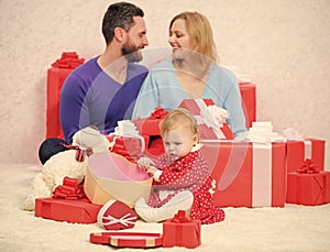 Love and trust in family. Bearded man and woman with little girl. Shopping online. father, mother and doughter child