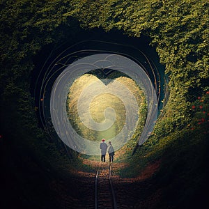 love tunnel concept to lovers, walking near platform and heart is made