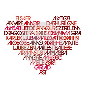 Love typography. Word cloud in heart shape. Love in multiple different languages.
