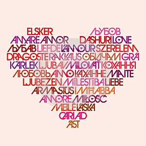 Love typography. Word cloud in heart shape. Love in multiple different languages.