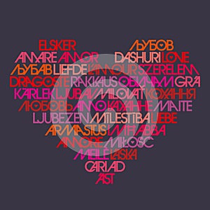 Love typography. Word cloud in heart shape. Love in multiple different languages.