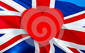 LOVE United Kingdom with UK flag. 3d United Kingdom waving flag. LOVE Sign of UK seamless animation, 3d rendering. United Kingdom