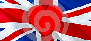 LOVE United Kingdom with UK flag. 3d United Kingdom waving flag. LOVE Sign of UK seamless animation, 3d rendering. United Kingdom