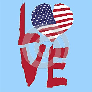 Love USA, America. Vintage national flag in silhouette of heart Torn paper grunge texture style. Independence day background. Good
