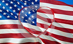 LOVE USA with American flag. 3d United States waving flag. LOVE Sign of USA seamless animation, 3d rendering. United States flag