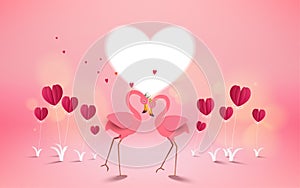 Love and Valentine Day card. Romantic pink flamingo birds join h