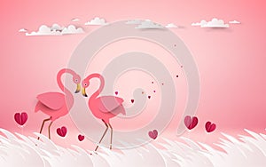 Love and Valentine Day card. Romantic pink flamingo birds join h