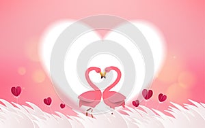 Love and Valentine Day card. Romantic pink flamingo birds join h