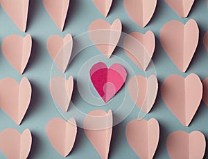 Love Valentine`s day background or wedding background. Pink and red paper hearts on a blue pastel background. Love concept