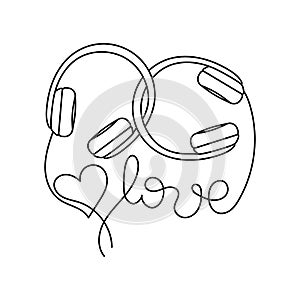 Love. Valentine`s Day greeting card. Hand drawn Headphones for girls and boys, heart