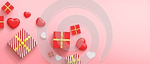 Love Valentine`s day greeting card on Red Background and gift box with Red hearts Banner Concept.Flat lay