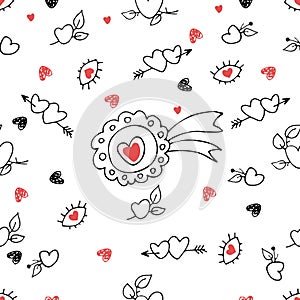 Love Valentine& x27;s day Hand Drown Hearts Doodles Set. Vector romantic icons collection. Cute heart with wings. Happy
