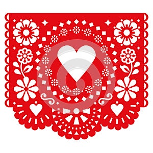 Love, Valentine`s Day paper cutout decoration Papel Picado vector design in red with heart and flowers, Mexican party garland