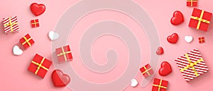 Love Valentine`s day and Red hearts on Red Background with greeting card and gift box Banner Concept.Flat lay,Copy Space