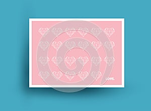 Love Valentine`s Day Theme. Pink Postcard Design with hearts. Vector illustration.