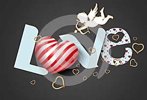 Love valentine`s day vector background concept. Love text paper cut in black background with cupid characters and hearts element.