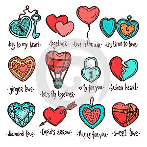 Love And Valentine Sketch Set. Hearts Color Collection