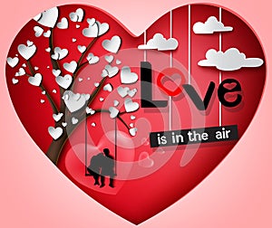 Love valentines date vector background design. Love is in the air text with dating couple lover characters sitting in swing.