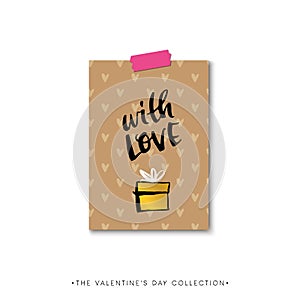 With Love. Valentines day calligraphy gift card. Hand drawn design elements. Handwritten modern brush lettering. Vector