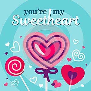 Love and Valentines day card with pink candy and heart vector background poster