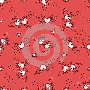 Love Valentines day Hand Drown Hearts Doodles Seamless Pattern. Vector romantic texture on red background. Cute heart