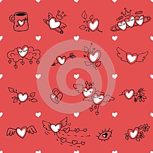 Love Valentines day Hand Drown Hearts Doodles Seamless Pattern. Vector romantic texture on red background. Cute heart