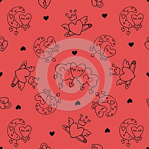 Love Valentines day Hand Drown Hearts Doodles Seamless Pattern. Vector romantic texture on red background. Cute heart