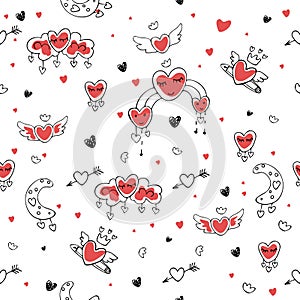 Love Valentines day Hand Drown Hearts Doodles Seamless Pattern. Vector romantic texture on white background. Cute heart
