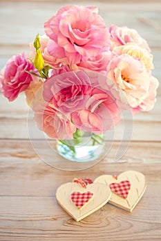 Love Vintage Background - Beautiful Flowers and Two Handmade Hearts