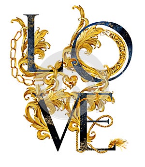 Love. vintage gold damask curl script. love text.